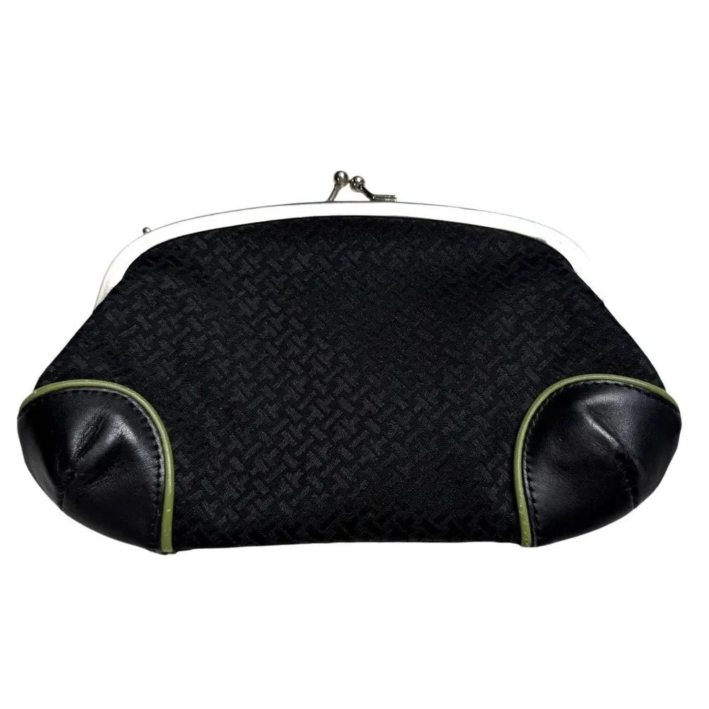 Talbots Leather & Fabric Kiss Lock Mini Clutch Black Green Piping